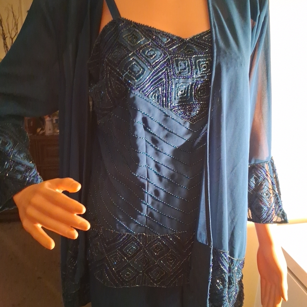 Elegant Blue Beaded Pant Suit Midnight Velvet with Sheer Overlay